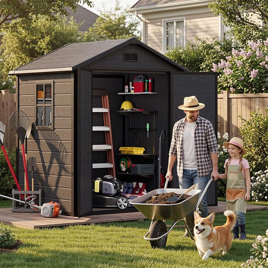 DWVO 6X5FT Resin Storage Shed with Reinforced Floor, Outdoor Storage Shed with Lockable Door, Window and Vents, Waterproof Plastic Tool Shed for Garden, Backyard, Patio, Lawn