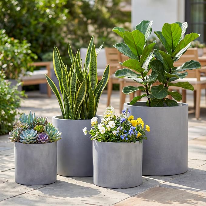 FaithLand 14 Inch Fiberstone Planter - Lightweight Modern Cylinder Plant Pot with Drainage Hole & Plug, Authentic Concrete Look, Gray