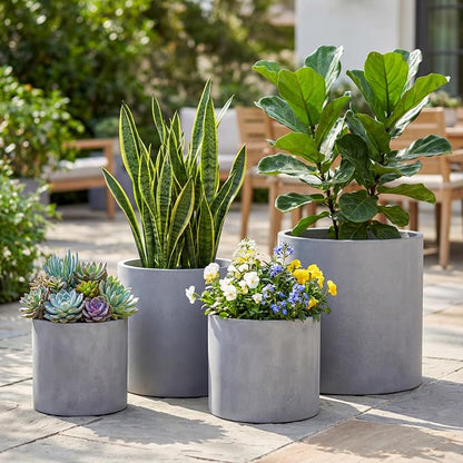 FaithLand 8 Inch Fiberstone Planter - Lightweight Modern Cylinder Plant Pot with Drainage Hole & Plug, Authentic Concrete Look, Gray