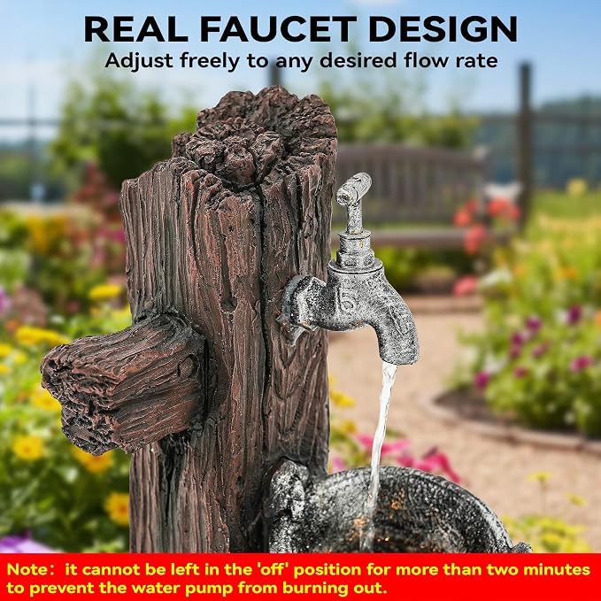 24.5" Puppy & Green Bird Outdoor Fountain with LED Lights | Pastoral Buckets & Wooden Barrel Water Feature, 3-Tiers Soothing Cascading Waterfall for Patio, Backyard, Garden