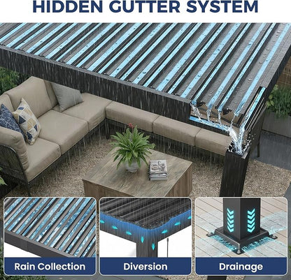 12' x 20' Louvered Pergola, Aluminum Frame Outdoor Pergola with Adjustable Louvered Roof & Integrated Gutter System, Hardtop Patio Gazebo for Backyard, Patio, Garden, Dark Gray