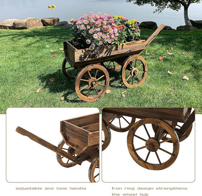 Notume Garden Wooden Decor Rustic Flower Pot,Planters Wagon Indoor Outdoor Backyard Balcony Decor,for Outside Garden Decor Wheelbarrow Planter for Patio (Wooden Wagon)