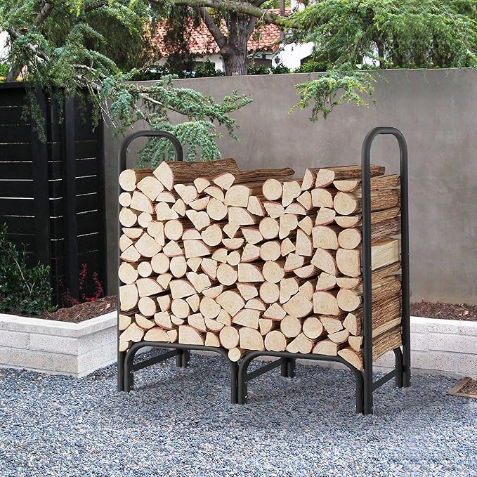 4ft Firewood Rack Heavy Duty Indoor Outdoor Firewood Storage Log Rack with Cover，Black Round Tube