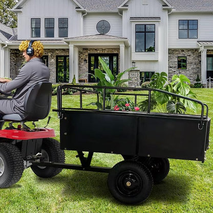 GarveeTech 750LBS Heavy Duty ATV Trailer Tow Behind Steel Dump Cart, 15 Cu. Ft Garden Utility Trailer with Removable Sides & Rear Hitch for Riding Lawn Mower Tractor, Black