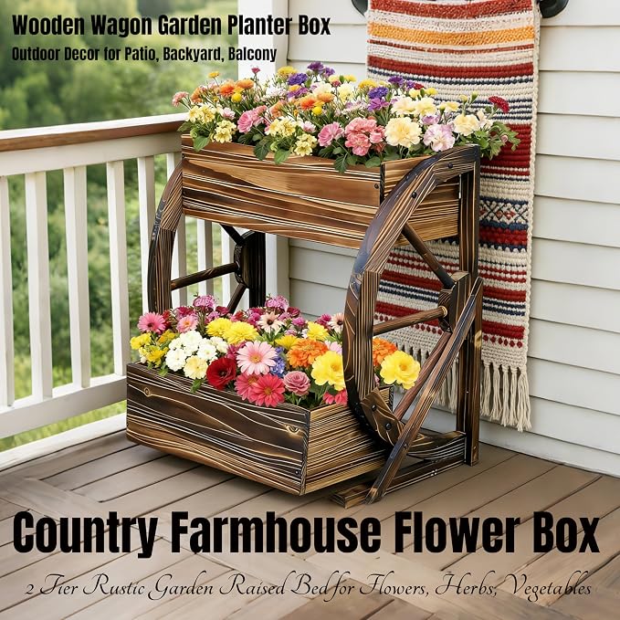 NestNature Wooden Wagon Planter Box|Rustic Planter Use On Indoor&Outdoor | 2-Tier Medium Solid Wood Planter-Flower Pot Use On Patio,Porch,Garden-Raised Garden Bed For Succulents, Herbs, Vegetables