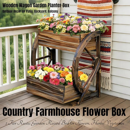 NestNature Wooden Wagon Planter Box|Rustic Planter Use On Indoor&Outdoor | 2-Tier Medium Solid Wood Planter-Flower Pot Use On Patio,Porch,Garden-Raised Garden Bed For Succulents, Herbs, Vegetables