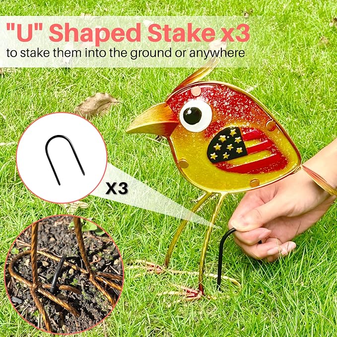 Garden Decor for Outside Set of 3, Colorful Metal & Glass Bird Decor for Outdoor, Indoor, Patio, Porch, Backyard, Balcony, Lawn, Yard Decorations, Patriotic Whimsy Birthday Gift for Gardener