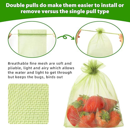 EWPJDK 70pcs Fruit Protection Bags 6x8 inch Green Netting Cover Drawstring Mesh Tomato Protectors Bags Pest Barrier for Blueberry Small Fruit Veggies Garden (70, 6x8 inch)
