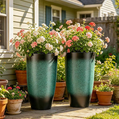 Autodaya 24" Gradient Teal Ceramic-Look Tall Planters Set of 2 | High-Density PP Pots With Drainage Hole for Indoor and Outdoor Plants, Patio, Garden, Porch, Living Room, or Gifting