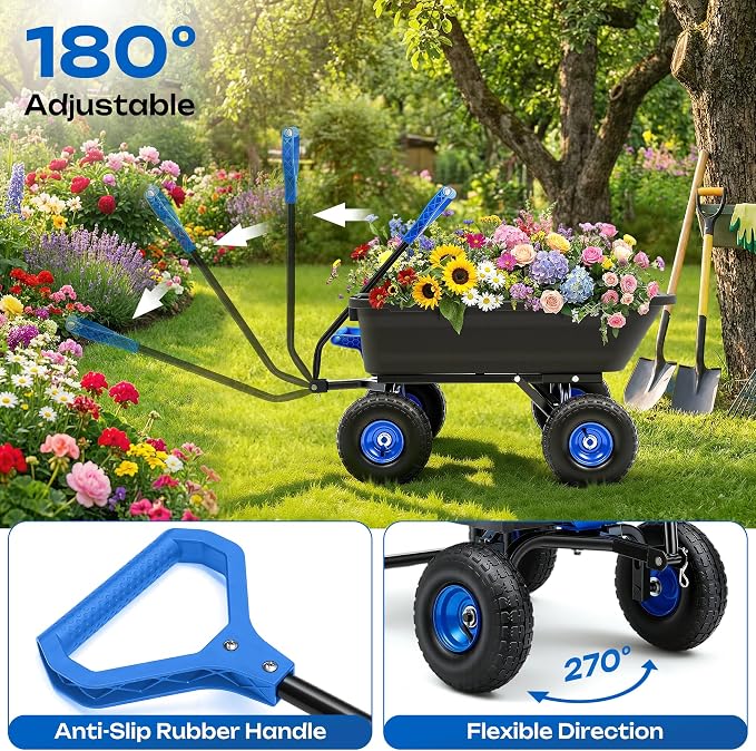Wheelbarrow Garden Dump Cart Wagon | Upgrade 10" All Terrain Pneumatic Tires,DIY Expansion over 900LBS Capacity, Transportation in Yard, Farm, Garden,Blue