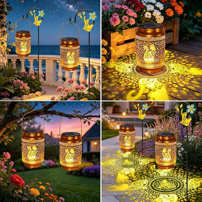 2 Pack Cat Solar Lanterns Outdoor Waterproof Solar Garden Decor, Birthday Gifts for Women Mom Grandma, Metal Hanging Lights with Shepherd Hook for Outside Yard Patio Pathway Backyard
