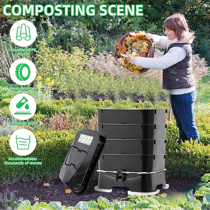 5-Tray Worm Compost Bin, Worm Composter for Outdoor & Indoor, 5-Tray ecocultivatify Wormie's Home Plus, Worm Bin Set for Recycling Household Waste (Black)