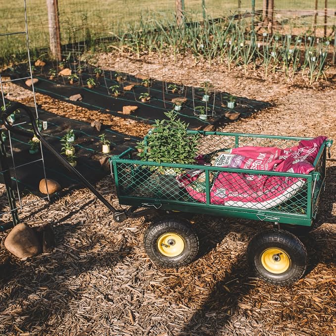 Backyard Expressions Heavy Duty Garden Cart 400 lb Utility Wagon Cart with Removable Mesh Sides, Powder-Coated Steel Bed, Pneumatic Tires, Pull Handle Yard Cart