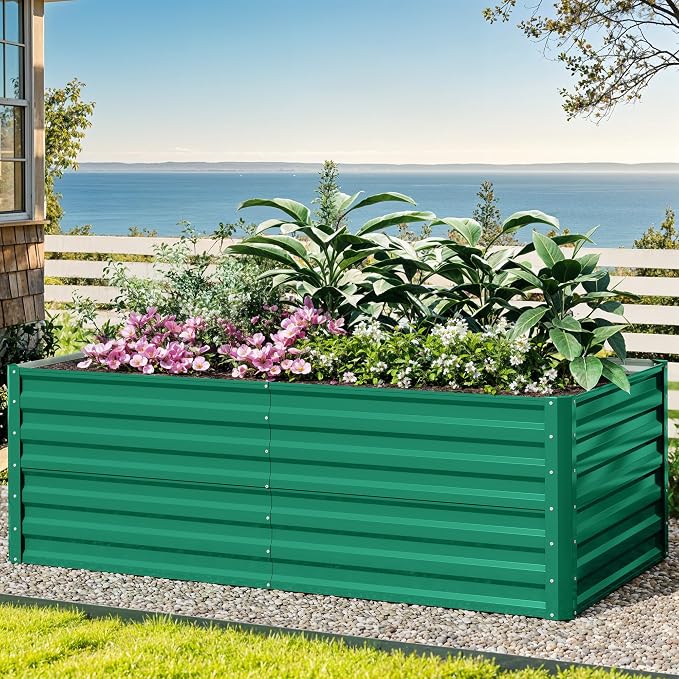 DWVO Raised Beds for Garden,870L Raised Bed Metal,0.35mm Galvanised Steel galvanised Planter with Safety Edging&4pcs Support Rod for Garden Vegetables Fruit(Green 180X90X54CM)