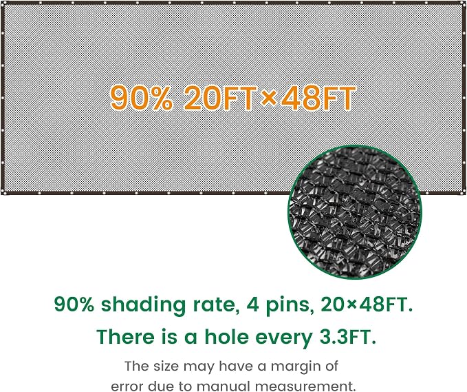 Shade Cloth, 20FT X 48FT 90% Black Outdoor Woven Sun Shade with Grommets, Durable Breathable Netting Shading Antifreezing for Patio, Garden, DIY Home, Plants Cover, Greenhouse, Dog Kennel