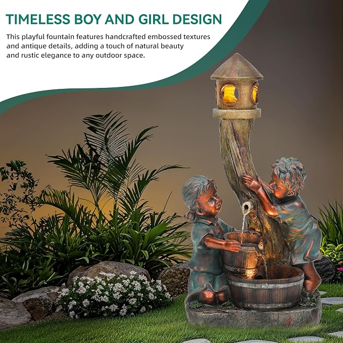 31" Boy and Girl Outdoor Fountain LED 3-Tier Waterfall, Faux Bronze | hand-painted antique bronze, Wood barrel and Pagoda design, patio garden,Yard and Porch