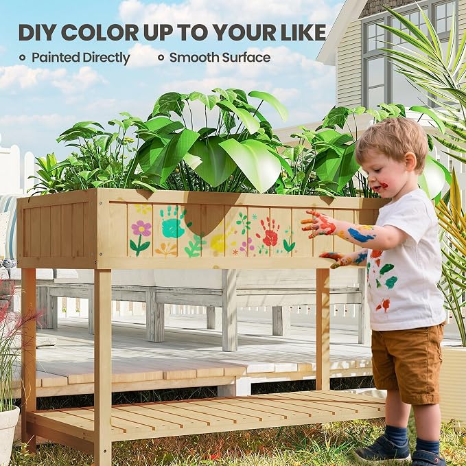 Outsunny 43x18x30in Raised Garden Bed with 8 Pockets and Shelf, Wooden Elevated Planter Box with Legs to Grow Herbs, Vegetables, and Flowers, Natural