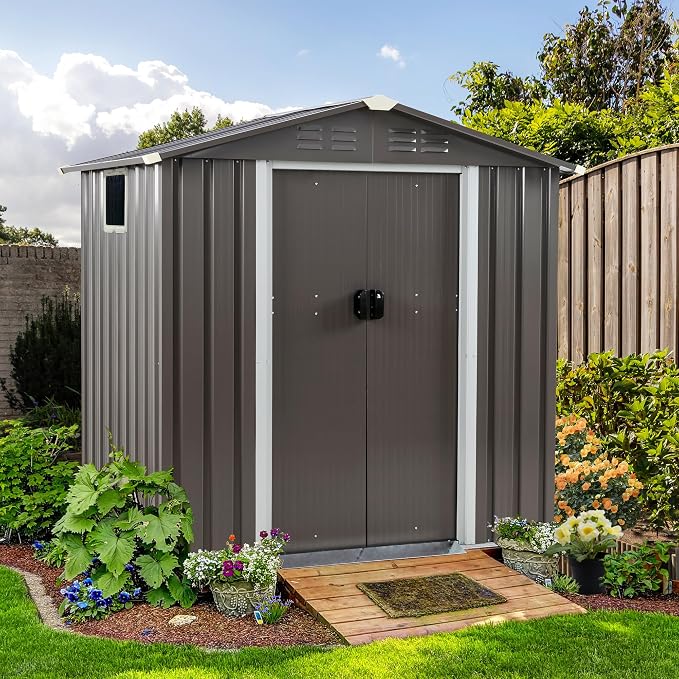 Shintenchi 6x4 FT Outdoor Storage Shed with Window, Lockable Outdoor Waterproof Tool Storage Sheds, Weather Resistant Tool Storage House Shed for Garden, Backyard,Patio Utility Tool Storage,Dark Gray