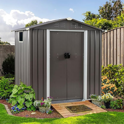 Shintenchi 6x4 FT Outdoor Storage Shed with Window, Lockable Outdoor Waterproof Tool Storage Sheds, Weather Resistant Tool Storage House Shed for Garden, Backyard,Patio Utility Tool Storage,Dark Gray