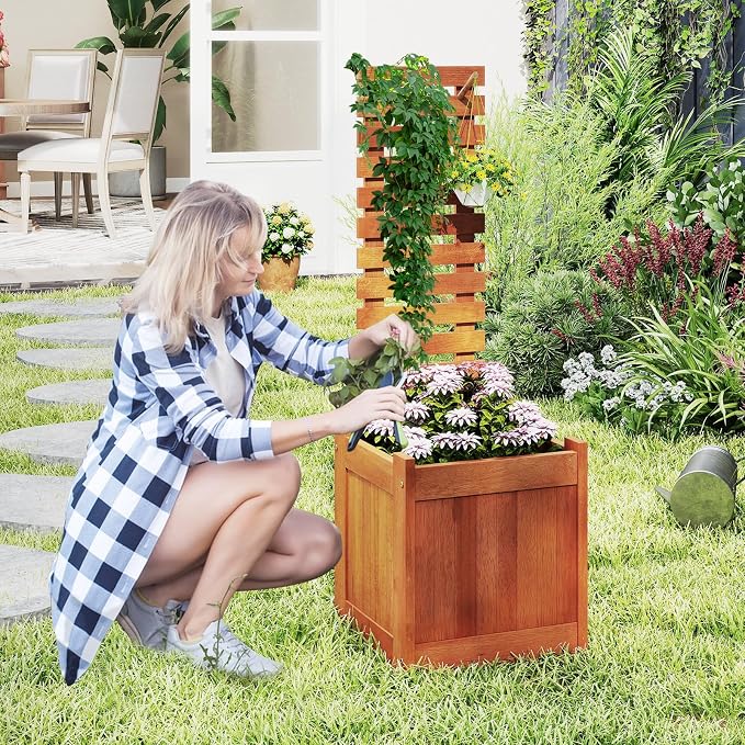 HAPPYGRILL Raised Garden Bed with Trellis, Outdoor Elevated Planter Box w/Trellis, Open-Ended, for Climbing Plant Vine Flower Vegetable, Freestanding Privacy Planters for Patio Yard, 16"x16"x48" (1)