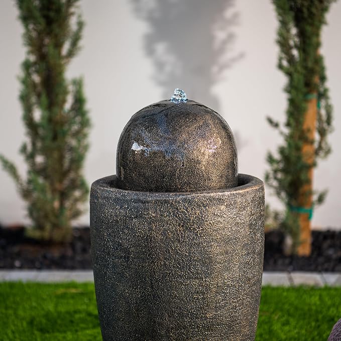 XBrand 25.98" Modern Sphere Water Fountain with LED Light – Indoor Outdoor Stone Texture Floor Fountain, Zen Bubbling Ball Water Feature for Garden Patio Porch - Bronze
