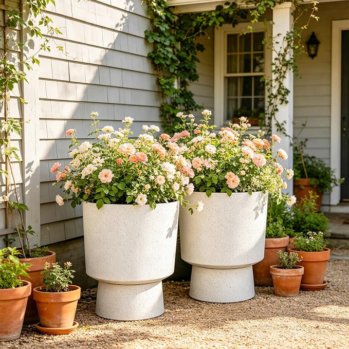 Autodaya 16.75" White Terrazzo Urn-Style Pedestal Planters Set of 2 | Modern 2-In-1 Pots with UV Protection for Indoor and Outdoor Plants, Garden, Patio, Balcony, or Entryway Decor