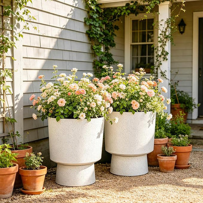 2-Pack 16.75" White Terrazzo Urn Planters with Detachable Bases | Set of 2 PP urn planters with white terrazzo finish, detachable bases, drainage plugs, and UV-treated surface for porch