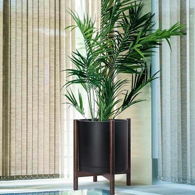 D'vine Dev Plastic Pot with Walnut Wood Stand, Black, 16 in, 55-C-X-2 | Mid-Century Inspired Design, Elevated Plant Display, Clean Lines, Sturdy Support, Modern Space-Saving Style