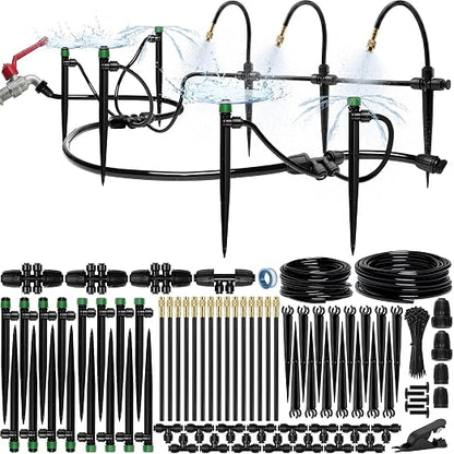 CARPATHEN Drip Irrigation System Kit - Pressure Optimised Garden Watering System w 15pcs 360° Atomizing Nozzles, 16 Adjustable Drip Emitters 5/16 and 1/4 Tubing - Complete Watering Spray System