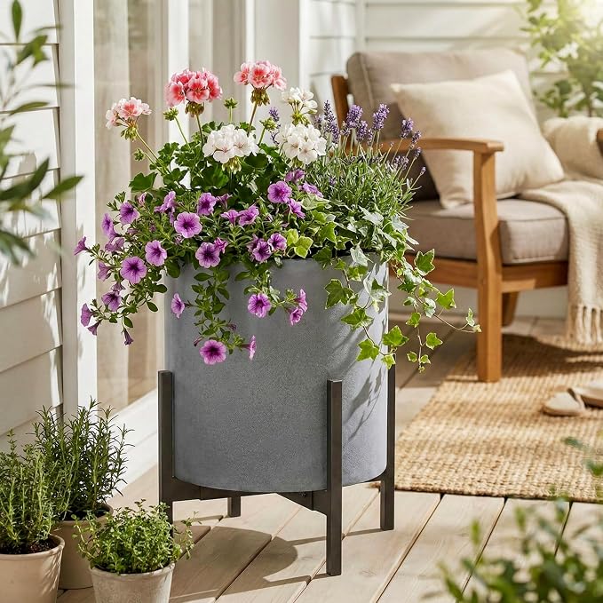FaithLand 12 Inch Fiberstone Planter - Lightweight Modern Cylinder Plant Pot with Drainage Hole & Plug, Authentic Concrete Look, Gray