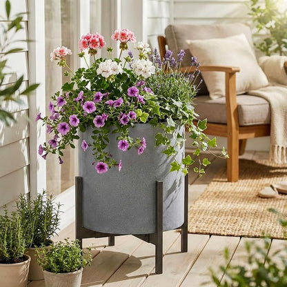 FaithLand 12 Inch Fiberstone Planter - Lightweight Modern Cylinder Plant Pot with Drainage Hole & Plug, Authentic Concrete Look, Gray