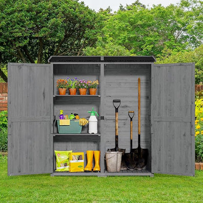 Gizoon Outdoor Storage Cabinet with Waterproof Roof, Double Lockable Doors Garden Shed with 2 Removable Shelves, Wooden Storage Shed with Large Storage Space for Patio, Garden, Backyard, Lawn, Grey