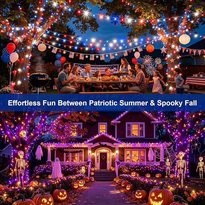 2Pack Solar Halloween String Lights Outdoor, 132ft 400LEDs Purple & Orange String Light with 11 Modes, Waterproof Patriotic Solar Lights for Garden Yard Pathway Fence Party Memorial Day