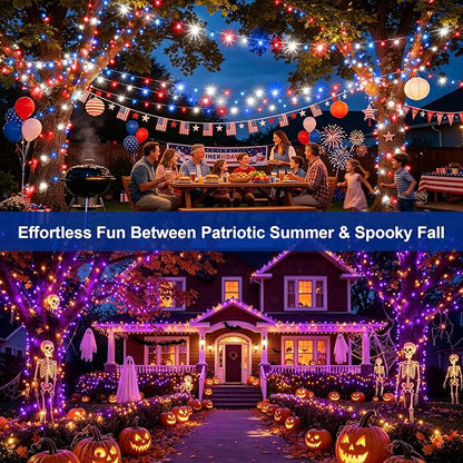 2Pack Solar Halloween String Lights Outdoor, 132ft 400LEDs Purple & Orange String Light with 11 Modes, Waterproof Patriotic Solar Lights for Garden Yard Pathway Fence Party Memorial Day