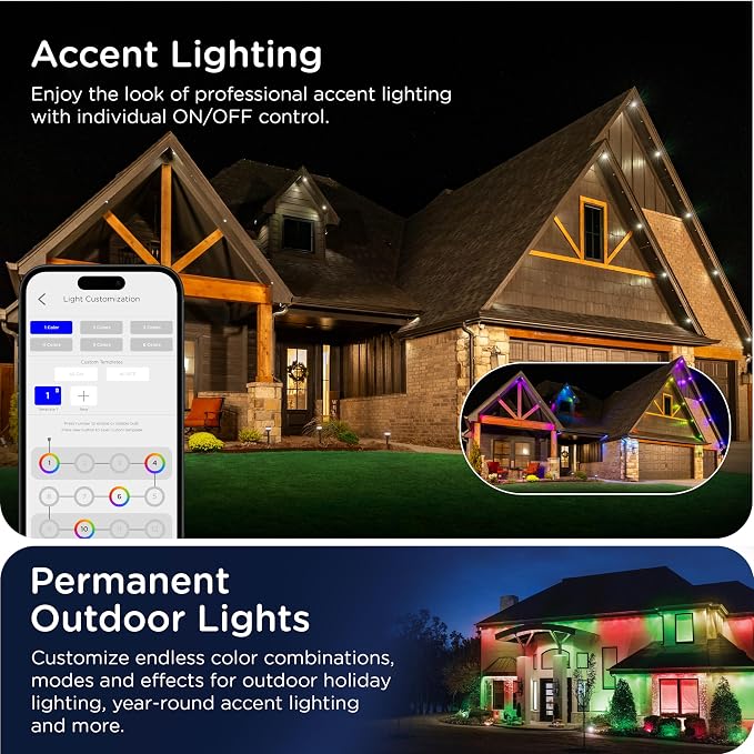 Enbrighten Eternity Permanent Outdoor Lights, 100ft with 72 RGBWIC LED Lights, App‑Controlled, Cuttable, Christmas, Accent & Year‑Round Eave Lighting, Works with Alexa & Google Home, 81103