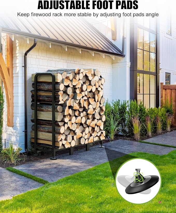 Brightown Firewood Rack Outdoor with Cover, 4FT Indoor Wood Rack for Firewood, Waterproof Fire Wood Holder Outside, Adjustable Heavy Duty Logs Stand Stacker Holder for Fireplace Patio Deck, Black