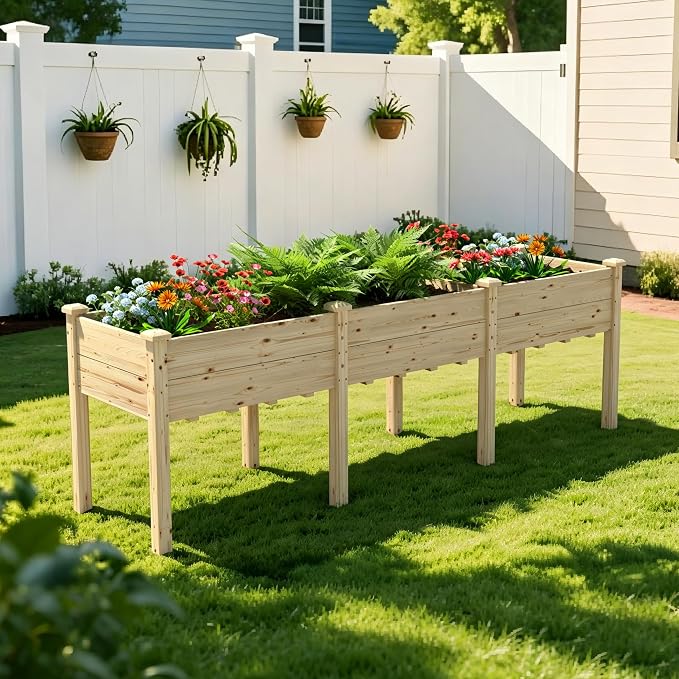Yardenaler 96x24x30in Raised Garden Bed with Legs, 2x8FT Outdoor Elevated Wood Planted Box with Divider Panel & Drainage Hole for Vegetable Flower, Backyard and Patio, Natural