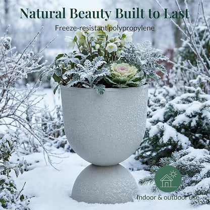 KOL Planters Flower Pots, Plastic Urn Planters for Indoor Outdoor Plants, Beige Pedestal Planter Pots 2 Pack, 18 Inch Tall Decorative Planters with Drainage Holes & Plugs for Front Porch Patio Garden
