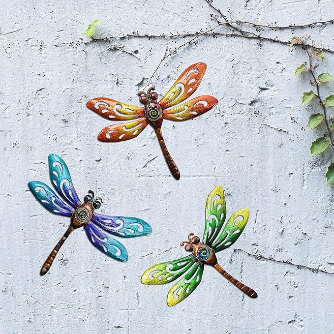 YNGFIL Dragonfly Wall Art Decor, Metal Indoor Outdoor Fence Outside Hanging Decorations for Living Room Bedroom, 9 Inch 3 Pack, Hand-made Vibrant Ornament Sculpture for Patio Balcony