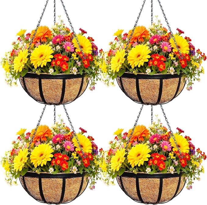 4 Pack 12 Inch Black Metal Hanging Basket Hanging Planter with Coco Coir Liner Heavy Duty Hanging Flower Pot Holder for Indoor Outdoor Patio Garden Porch Balcony Decor (Flat Iron)