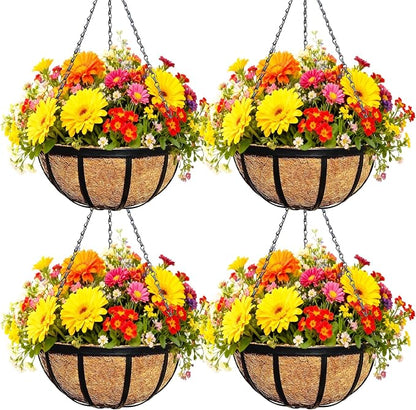 4 Pack 12 Inch Black Metal Hanging Basket Hanging Planter with Coco Coir Liner Heavy Duty Hanging Flower Pot Holder for Indoor Outdoor Patio Garden Porch Balcony Decor (Flat Iron)
