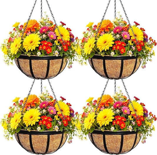 4 Pack 12 Inch Black Metal Hanging Basket Hanging Planter with Coco Coir Liner Heavy Duty Hanging Flower Pot Holder for Indoor Outdoor Patio Garden Porch Balcony Decor (Flat Iron)