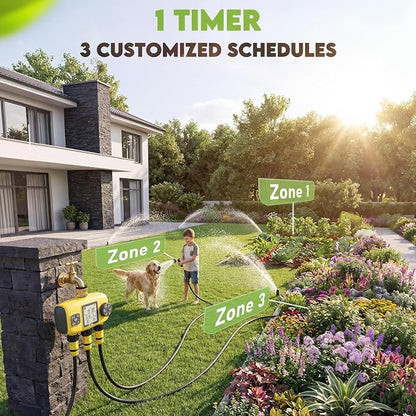 3 Zone Sprinkler Timer for Garden Hose,Garden Hose Timer with Brass Inlet,Programmable Automatic&Manual Irrigation System with LCD Display for Yard/Lawn/Pool,Rain Delay,IPX5 Waterproof