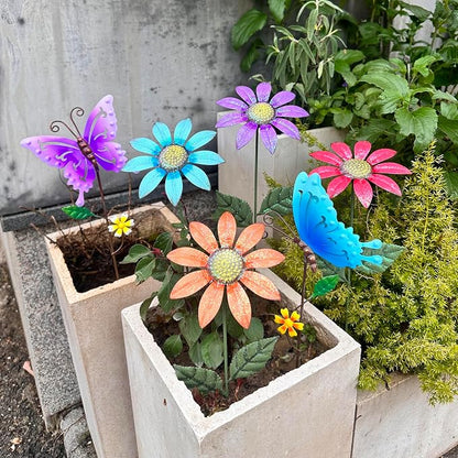 6Pack Metal Flowers for Outside，16.15 Inch Metal Flowers&Colorful Butterfly Decorative Garden Stakes for Spring Decor, Shaking Head Yard Art Garden Decorations for Outdoor Lawn Porch Pathway