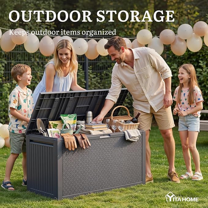 YITAHOME 95 Gallon Large Outdoor Deck Box | Lockable Waterproof Resin Storage Box with Handles, Weatherproof & UV Resistant, Patio Garden Tool Container for Outdoor
