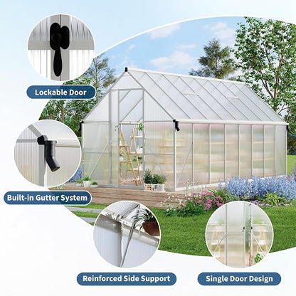 GarveeLife 8X16FT Polycarbonate Greenhouse with Aluminum Frame, Polycarbonate Greenhouse for Outdoors, Greenhouses with Ventilation and Rain Gutter, Aluminum Large Walk-in Greenhouses for Outside