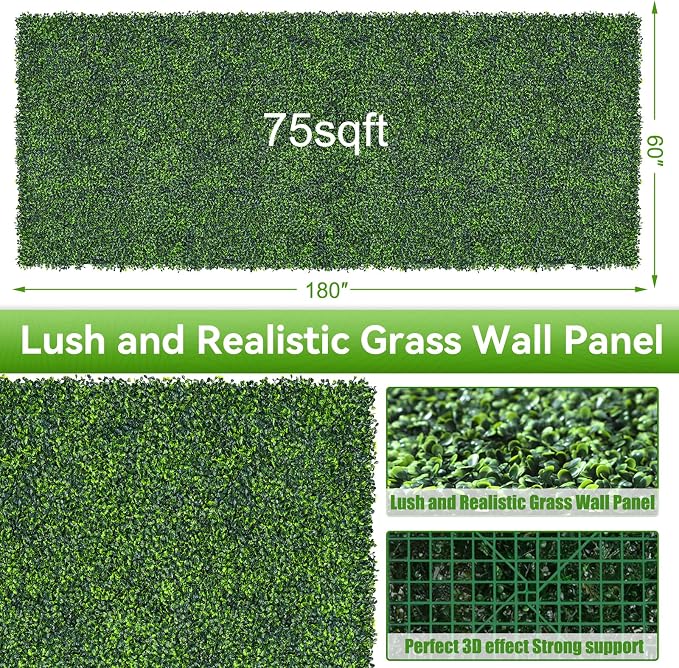 Artificial Boxwood Roll, 60x180 in (75 sqft) UV-Anti Faux Ivy Grass Wall Backdrop for Balcony Privacy, Fake Grennery Wall Decor for Garden, Patio, Backyard