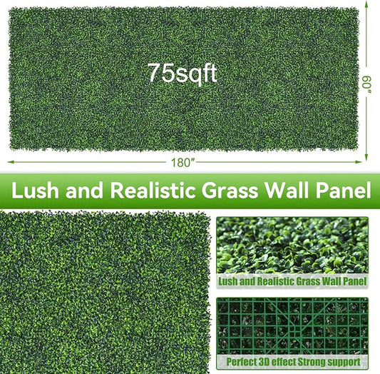 Artificial Boxwood Roll, 60x180 in (75 sqft) UV-Anti Faux Ivy Grass Wall Backdrop for Balcony Privacy, Fake Grennery Wall Decor for Garden, Patio, Backyard