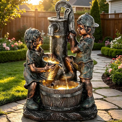 26" Boy and Girl Outdoor Fountain LED 3-Tier Cascading Waterfall | bronze finish, children drawing water scene, patio garden Porch