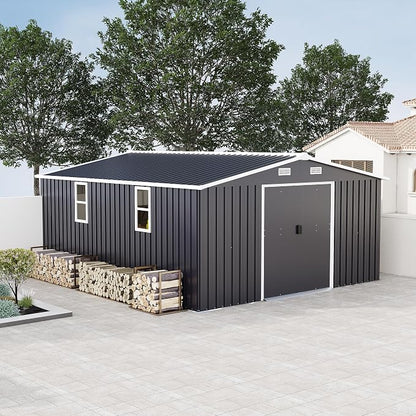 KEIKI 10' x 12' Metal Garden Storage Shed with Foundation Kit, Double Door Outdoor Tool Shed with 2 Windows, Color Steel Construction, Dark Gray
